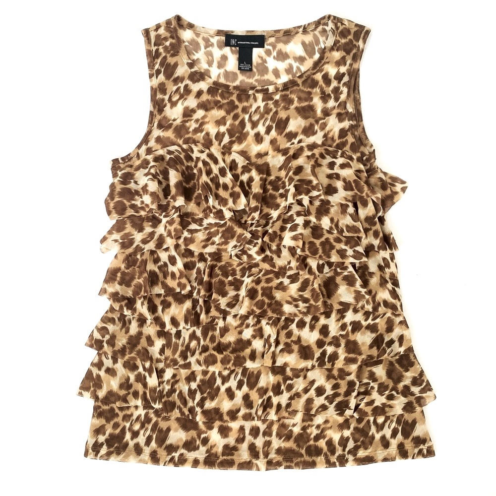 INC tan leopard print sheer ruffles tank top
